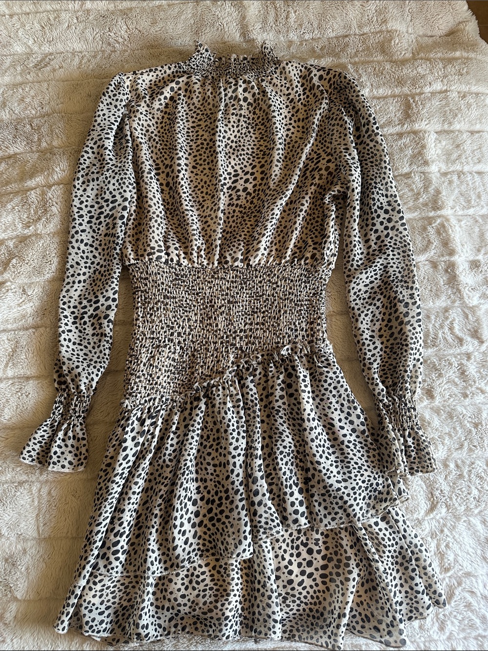 Almost Famous Ivory and Black Smocked Waist Long-Sleeve Dress
